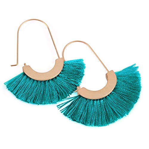 Bohemian Silky Thread Tassel Strand Fringe Statement Hoop Earrings - Lightweight Semi Circle Fan Threader, Mermaid Hoops - color: Fan Tassel Threader - Turquoise