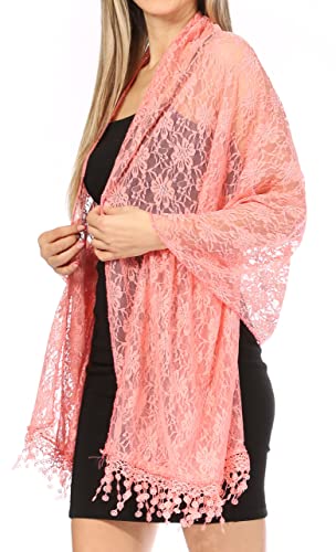 Sakkas Mari Women's Large Lightweight Soft Lace Scarf Wrap Shawl Floral and Fringe - color: Style2-peach