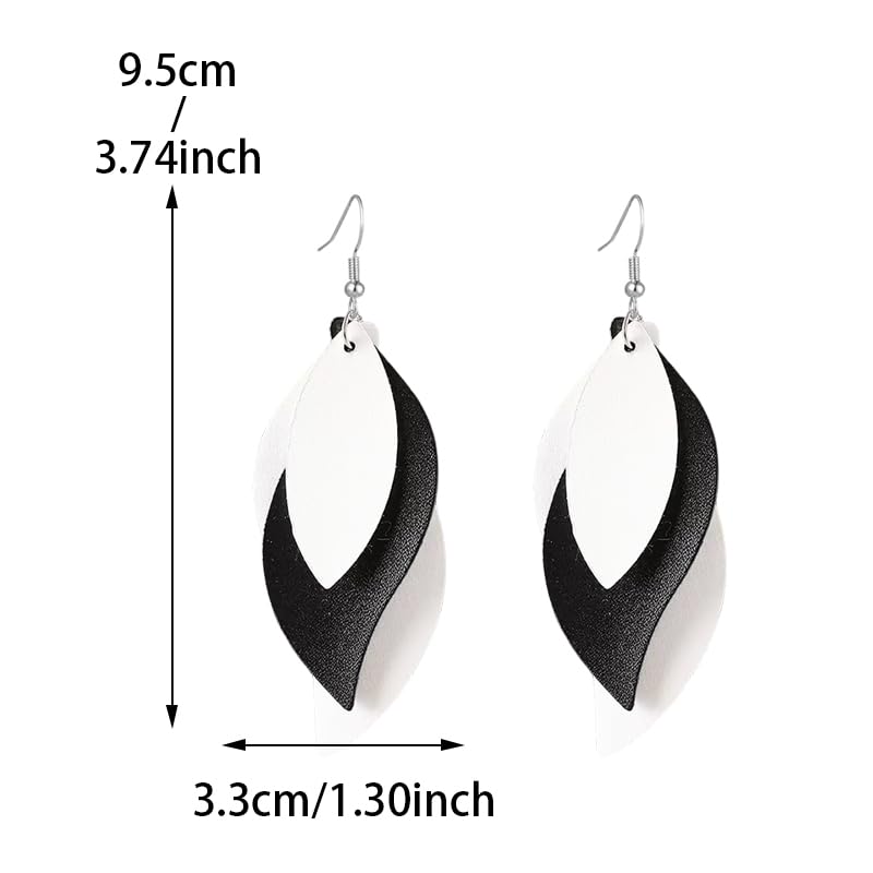 ANXIN boho unique Leather Earrings 2 Layered Lightweight Faux Leather Leaf Earrings Layered Design Drop Earrings Gift for Women - color: White Black White
