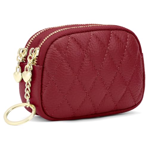 SENDEFN Women's Coin Purse Genuine Leather Wallet Small 2 Zippers Change Pouch Purse with Keychain Ring - color: 2-Red