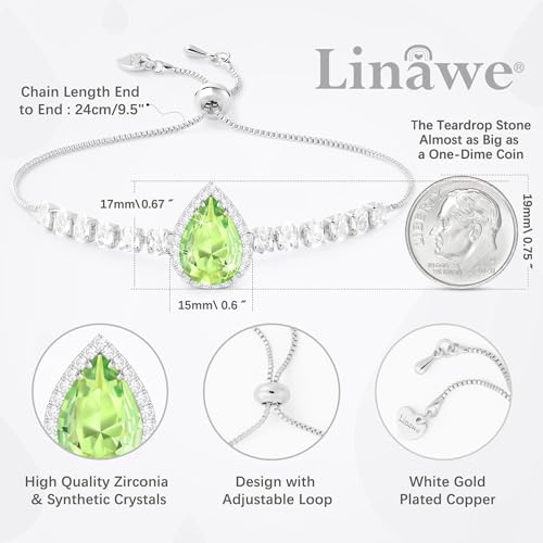 Linawe Crystal Imitation Diamond Rhinestone Charm Bracelets for Women, Gold/Silver/Rose Gold Adjustable Chain Bracelet, Teardrop Birthstone Cubic Zirconia Prom Costume Wedding Jewelry - color: Silver,August