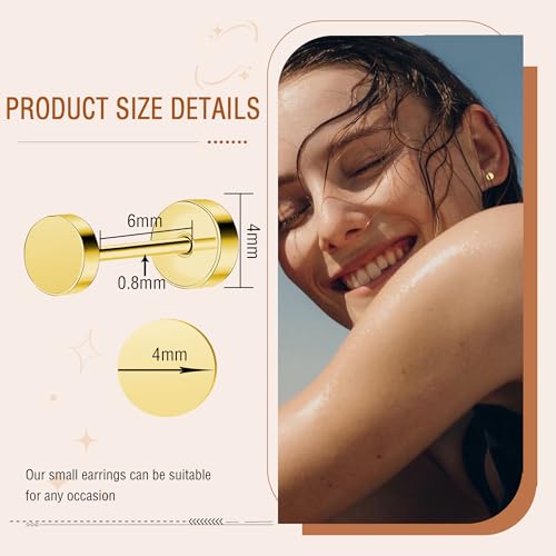 ZDE Women Earrings Flat Back Dot Earrings Titanium Hypoallergenic Cartilage Non-Nickel Earrings Studs for Sensitive Ears Simple Classic 3mm/4mm/5mm/6mm Screw On Stud Earring - color: Gold, size: 4MM