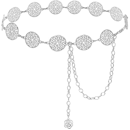 Long Tassel Waist Chain Belt for Women, Adjustable Metal Body Belly Belt Chain for Dress - color: Silver Round, size: L: (Fit Waist 51.2in)