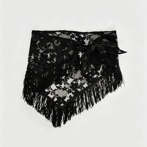 Women Y2K Lace Fringe Hip Scarf Boho Triangle Tassel Waist Cover Up Skirt Wrap Sheer Tie Belt Aesthetic Streetwear - color: D Black