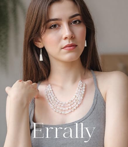 Errally Layered Beaded Statement Necklace Multi Strand Crystal Beads Collar Necklace and Earring Sets for Women Fashion Costume Jewelry Set Gifts for Her - color: White