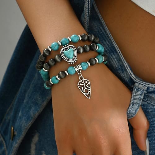 Western Turquoise Beaded Bracelet Stack - Vintage Cowgirl Stretch Set with Bull Skull, Feather & Boot Charms, Handmade Boho Jewelry for Rodeo, Country Concerts & Casual Western Outfits - style: 3