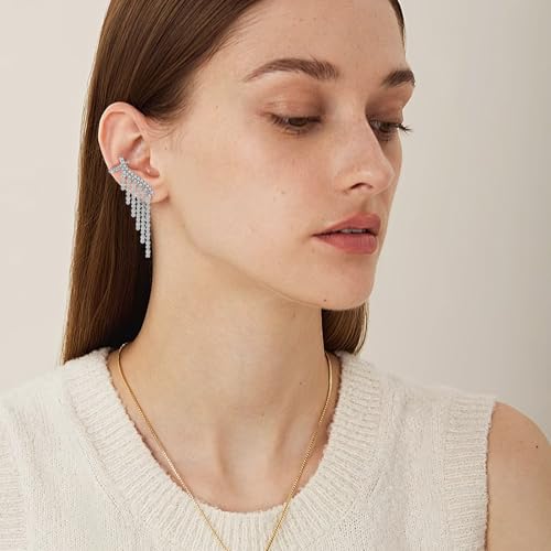 Star Crystal Ear Cuff Earrings for Women Rhinestone Ear Climber Earrings Cubic Zirconia North star Ear Crawler Earrings for Mom Wife - color: Silvertassel