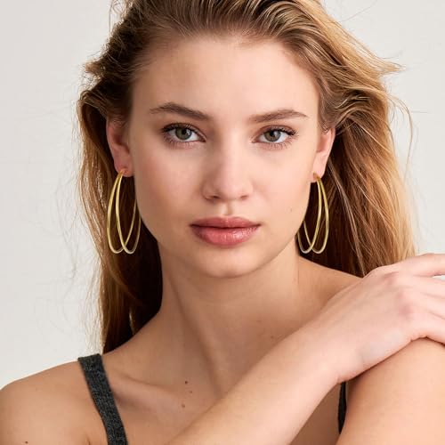 OOOPEL Large Thin Double Hoop Earrings for Women Lightweight Hypoallergenic 925 Sterling Silver Post 14K Gold Hoops Non Tarnish Sturdy Big Thin Double Layered Hoop Earrings 30/40/50/60mm - color: Gold, size: 60mm
