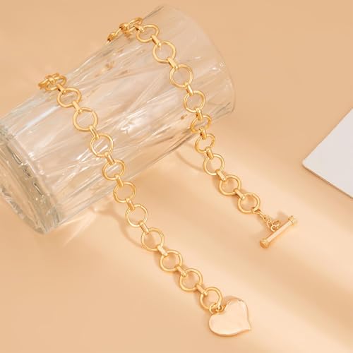 Chunky Cross Necklace for Women Chunky Gold Necklace Statement Cross Pendant Vintage Toggle Clasp Necklace Jewelry for Women - color: D1-Gold Heart Necklace