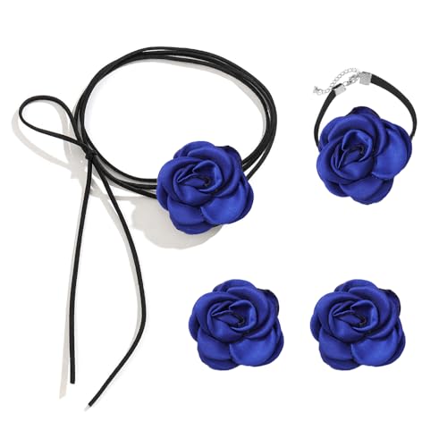 OIDIMS Rose Flower Jewelry Set for Women Classic Velvet Camellia Satin Flowers Choker Necklace Sexy Charms Floral Earring Bracelet for Party Bride Wedding Party Summer Holiday Necklaces - color: Blue