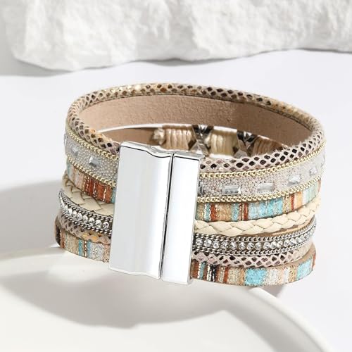 Fesciory Leopard Bracelet for Women, Boho Leather Wrap Multi-Layer Pearl Crystal Bracelet Bangle Jewelry - style: Bohemian