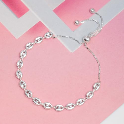LeCalla Pure 925 Sterling Silver Italian Paperclip Link Chain Bracelets | Gold Over Silver Paper-Clip Link Station Bracelet | Sliding Bolo Bracelet for Women - color: Puffy Mariner Link Bolo