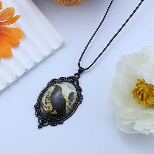 Halloween Gothic Witch Necklaces Cross Glass Pendant Necklace for Women Punk Vintage Black Dark Oval Cameo Necklace Witch Emo Necklaces Halloween Jewelry Witch Accessories 2025 - style: Crow