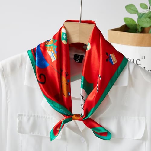 100% Mulberry Silk Neck Scarf 21''x21'' Small Square Hair Scarf for Women Men Lightweight Bandana Envelope Package - color: Snowman Pattern-red