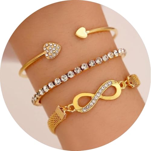 Alegend Titanium Steel (Not Rust, Resist Corruption, Easily Clean) 18K Gold Plated Single Bracelets + 14K Gold Plated Stackable Multilayer Bracelets - style: 14K Gold Heart & Infinity Symbol