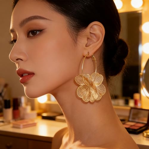Gold Flower Earrings for Women Boho Orchid Earrings Floral Hoop Petal Earring Prom Wedding Jewelry - style: A:GOLD