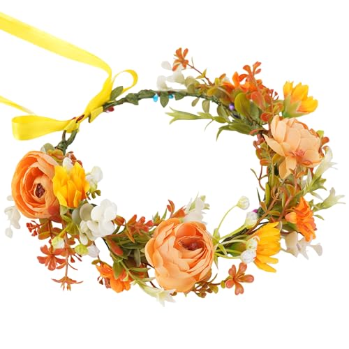 Orange Flower Crown Headband, Artificial Boho Daisy Floral Headpiece, Adjustable Fairy Woodland Flower Crown for Women Girls Renaissance Birthday Bride Wedding Party Hair Accessories - color: Daisy Orange