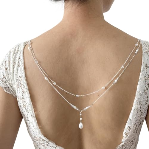 Layered Pearl Pendant Back Chain Necklace Bridal Wedding Pearl Backdrop Jewelry Summer Beach Crystal Backless Body Jewelry for Women Dress