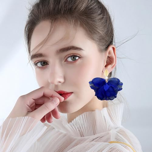 Handmade Fabric Flower Petal Fringe Dangle Drop Earrings Bohemian Floral Tassel Stud Earrings For Women - color: Royal Blue