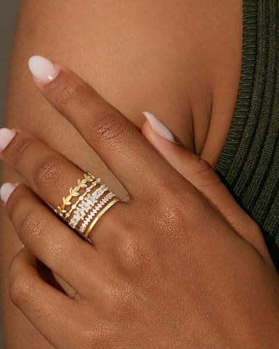 FUNEIA Stackable Gold Rings for Women Non Tarnish Trendy Dainty 14K Gold Plated Stacking Cubic Zirconia Thumb Ring Set Pack Statement Chunky Band Rings Promise Engagement Rings Size 7 8 9 10 11 - color: C-5Pcs Stackable Rings