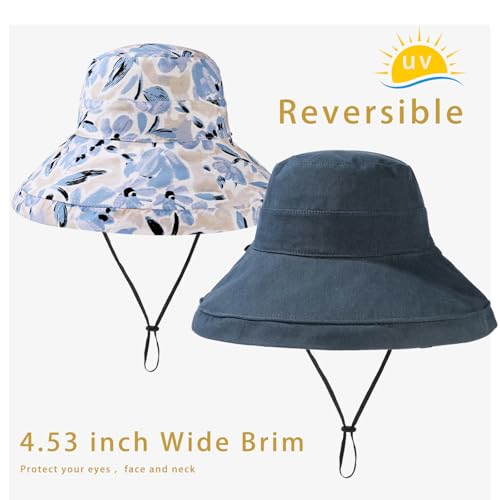 vidsel Womens Sun Hats Wide Brim Reversible Bucket Cotton Hat Packable Summer Travel Cap with Hat Clip,UV Protection - color: Navy Blue, size: Medium