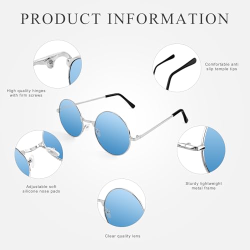 NACHLYNN Round Hippie Sunglasses Metal Border Circle Hippie Glasses UV380 Protection 70s Sunglasses for Men Women Party Favor - color: Light Blue