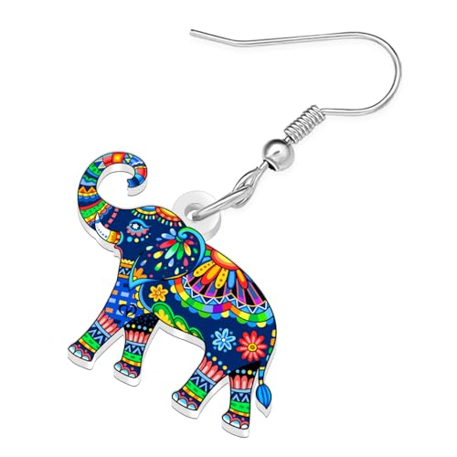 BONSNY Colorful Acrylic Elephant Dangle Earrings Bohemian Tribal Floral Design Boho Jewelry Gifts for Women Funny Novelty Hypoallergenic Spring Summer Gifts Accessories - color: Blue