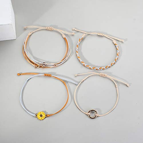 FANCY SHINY Easter Gifts Basket Stuffers Sunflower String Bracelet Boho Braided Rope Wrap Bracelets Cute Summer Beach Surfer Jewelry for Women - color: Dark Orange
