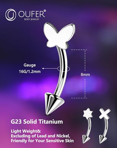 OUFER Rook Piercing Jewelry, G23 Solid Titanium Eyebrow Rings, Heart Vertical Labret Lip Jewelry, 16G Curved Barbells, Daith Rook Earrings for Women Men - color: Hexagram, size: 16G 8mm