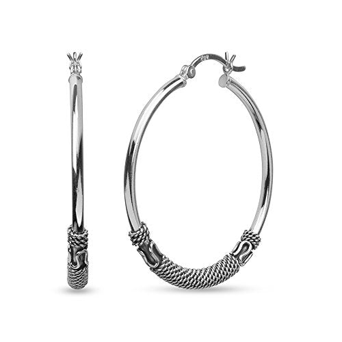 LeCalla 925 Sterling Silver Large Hoop Earrings | Lightweight Antique Bali Hoops | Two-Tone Bohemian Oxidized Balinese Earrings for Women - color: Beaded Balinese-35mm