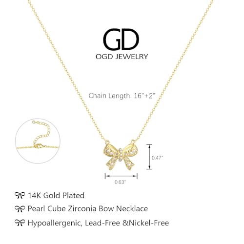 OGD Gold Necklace for Women, Bow Necklace 14K Layered Gold Necklace Dainty Bow Pendant Choker Necklace Trendy Bow Necklace Gold Chain Necklaces for Women Jewelry Gift - color: Pearl CZ Bow-Gold
