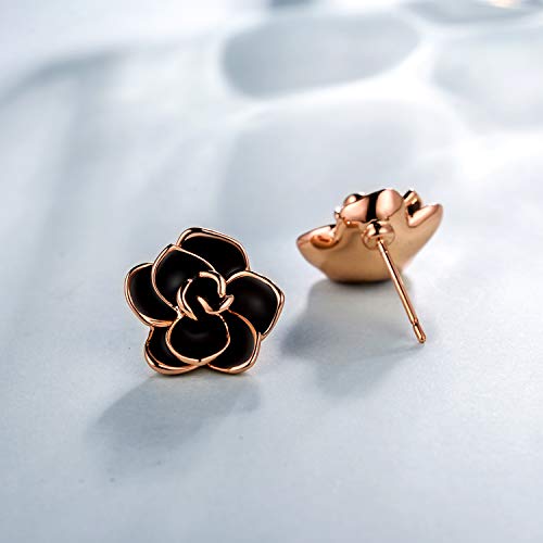AllenCOCO Rose Flower Stud Earrings for Women Sensitive Ears, Hypoallergenic Cute Gold And Silver Rose Flower Earrings Studs for Women Nickel Free - color: Black flower/Rose gold, size: 0.55