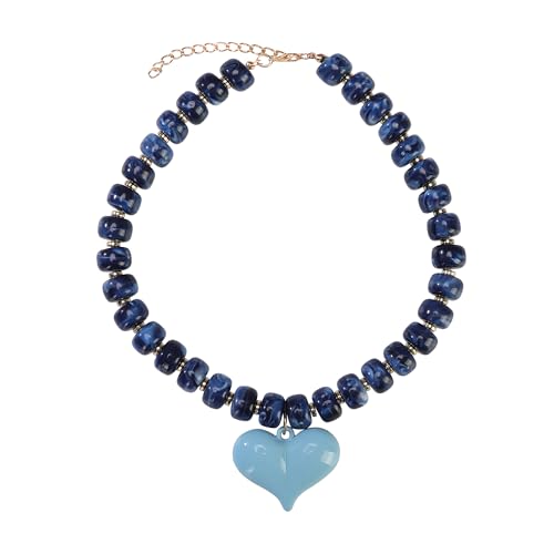Chunky Colorful Beaded Statement Boho Summer Beach Chokers Necklace Heart Pendant Pink Green Yellow Brown Fashion Jewelry - color: Gold Navy Blue puffy heart