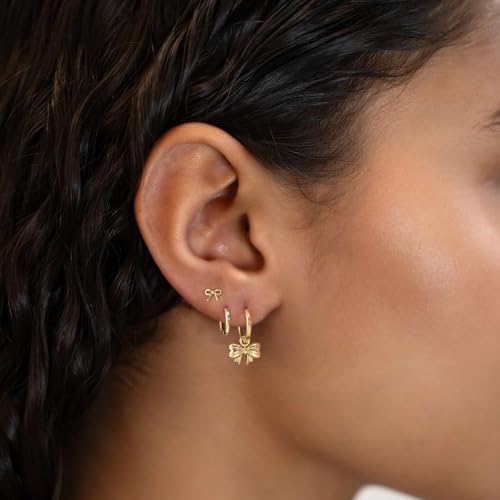 3 Pairs Small Earring Stacks, 14K Gold/Silver/Black/Rose Gold Plated Pearl Heart Butterfly Star Diamond Charm Drop Huggie Earrings Trendy Jewelry Gift for Women - color: Gold-Bow
