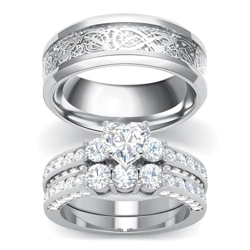 3Pcs Moissanite Wedding Rings Sets for Couples, s925 10K 14K 18K Real Gold Wedding Rings Sets for Him and Her, Customized Matching Engagement Bands Set for Men and Women Free Engraving - style: Style-3
