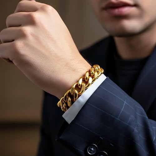 LIFETIME JEWELRY 15mm Miami Curb Cuban Link Chain Bracelet 24k Real Gold Plated