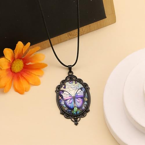Halloween Gothic Witch Necklaces Cross Glass Pendant Necklace for Women Punk Vintage Black Dark Oval Cameo Necklace Witch Emo Necklaces Halloween Jewelry Witch Accessories 2025 - style: Butterfly