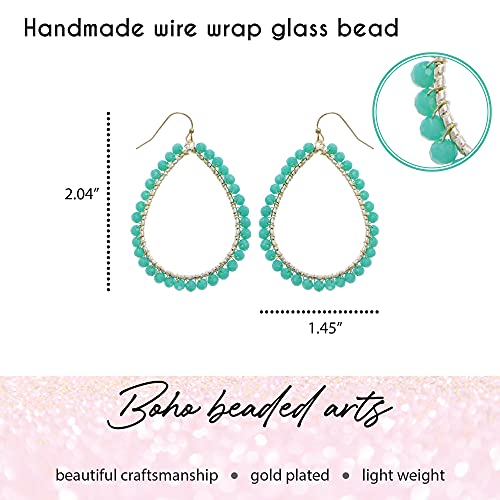 Bohemian Boho Teardrop Dangle Drop Earrings for Women – Delicate - Handcrafted Wire Wrapped Colorful Faceted Glass Beads – Gold Plated – with Gift Box Included - color: Mint Alabaster Teal