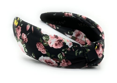 Autumn Headbands for Women Satin Black Rose Floral Warable All Day, Colorful, Silk Feel, Fall Womens Knotted Headband Fashion Designer Top Knot Girls Hair Head band - color: Black Floral Rose F