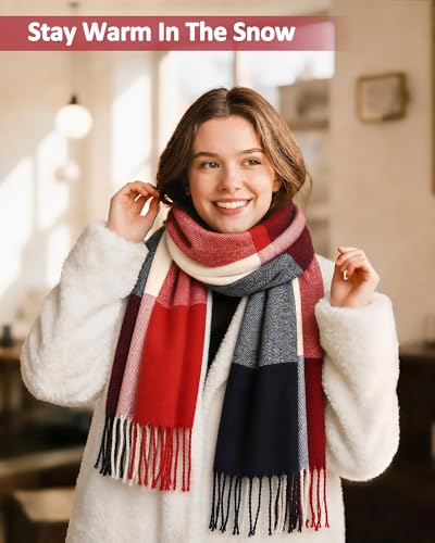 Loritta Womens Scarf Fashion Long Plaid Shawls Wraps Big Grid Winter Warm Lattice Large Scarves Gifts - color: A- Red Navy Lattice