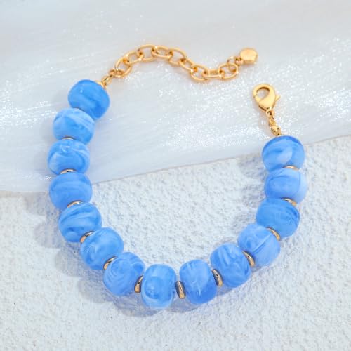 Chunky Beaded Bracelets for Women Boho Multicolor Acrylic Resin Beads Bracelet Adjustable Statement Bracelet Summer Beaded Jewelry - color: Beads bracelet-light blue
