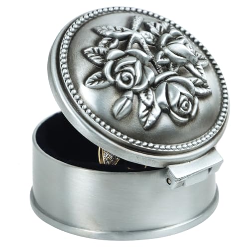 Vintage Metal Trinket Jewelry Box, Small Heart Shape Jewelry Organizer Rose Flower Sunflower Antique Treasure Chest Ring Holder, Earrings Necklace Storage Box Keepsake Box for Women (Circle-Rose) - style: Circle-Rose