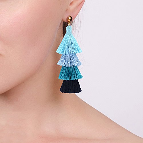 BaubleStar Tassel Earrings Handmade Tiered Thread Tassel Dangle Earrings, Multi Colors - color: Blue Ombre