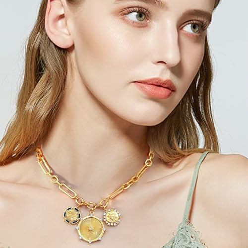 Sun Coin Charm Choker Necklace for Women Men 18K Gold Plated With Zircons Inlaid Pendants Thick Chunky Paperclip Chain Hip Hop Necklace Unisex Jewelry Cuban Link Chain Trendy