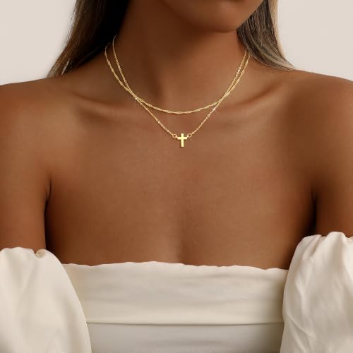 CAROVO Gold Necklace for Women Dainty 14K Gold Plated Choker Cross Flower Cubic Zirconia Necklaces Simple Layered Gold Chain Trendy Jewelry Gifts for Women - style: A:Layered Cross Necklace