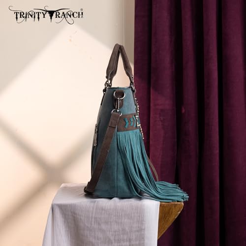 Trinity Ranch Crossbody Bags for Women Tooled Fringe Top Handle Handbags Vintage Western Purse - color: Turquoise