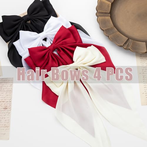 Hair Bows 4 PCS, Hair Bows for Women, Hair Ribbons, Oversized Long-tail Cute Aesthetic Hair Accessories, Large Hair Barrettes for Women, Bows for Girls (Wine red, off white, black, white)