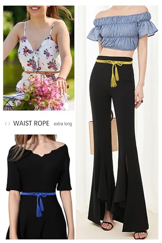 TeeYee Waist Belt Woven Knitted Rope/Chain PU leather 3 Pieces Tassel Rope Skinny Belt - color: 066redyellowblue