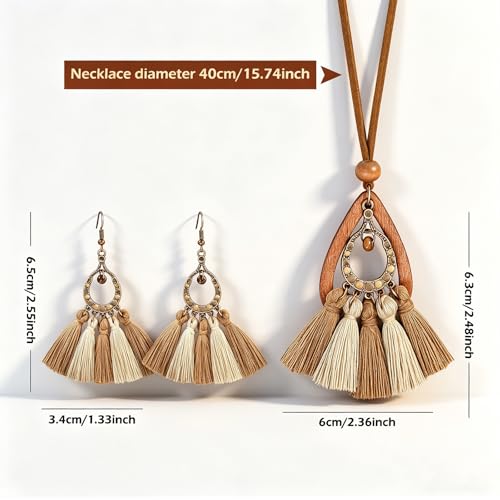 Wooden Leather Necklaces Set Bohemian Wood Stack Discs Long Chain Hemp Rope Bronze Plated Pendant Ethnic Tribal Fall Leaf Earrings Jewelry Statement Necklace - color: R-039