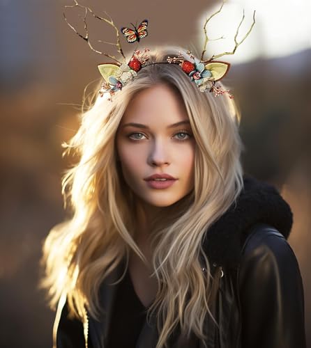Vivivalue Deer Headband with Flowers, Cat Ear Hair Band, Handmade Crown for Women and Children, Hair Accessory for Festival, Wedding, Party - color: 9